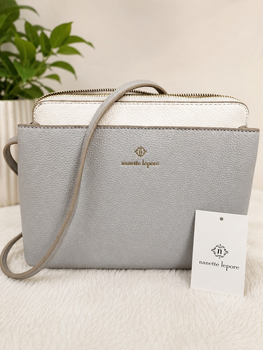 Nanette Lepore Taupe Pebbled Faux Leather Crossbody Bag Gold Hardware